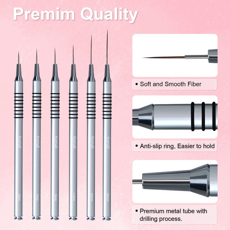 Komall Metallic Nail Art Brushes, 6Pcs Non Slip Liner Brush Set, UV Gel Polish Painting Art Design Pen for Long Lines, Thin Details, Fine Drawing Sizes 5/7/9/11/20/25mm(Silver) - Image 5